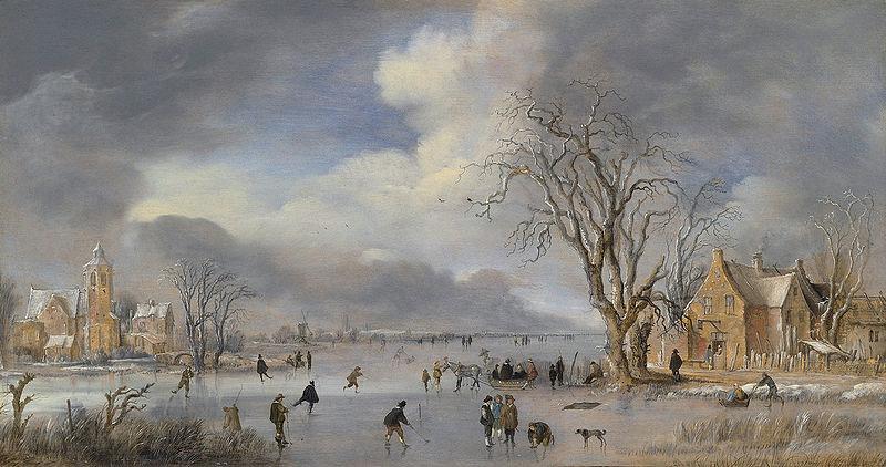 Aert van der Neer A winter landscape with skaters and kolf players on a frozen river,